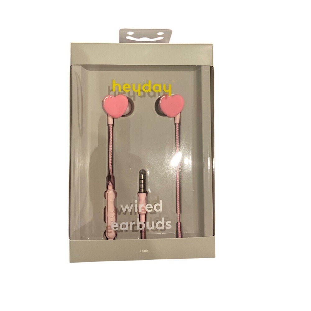 Heyday‎ Wired Earbuds Pink Heart Shaped Headphones Cord Mic 3.5mm Jack NEW
